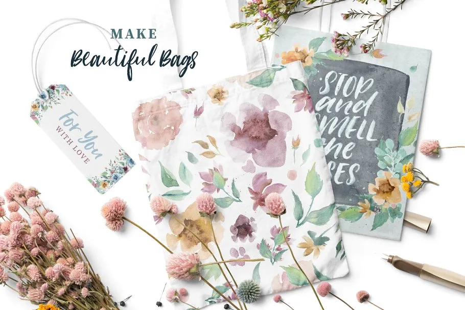 手写英文字体&手绘水彩花卉剪贴画 Loving Saskia Font & Graphics Bundle插图(3)