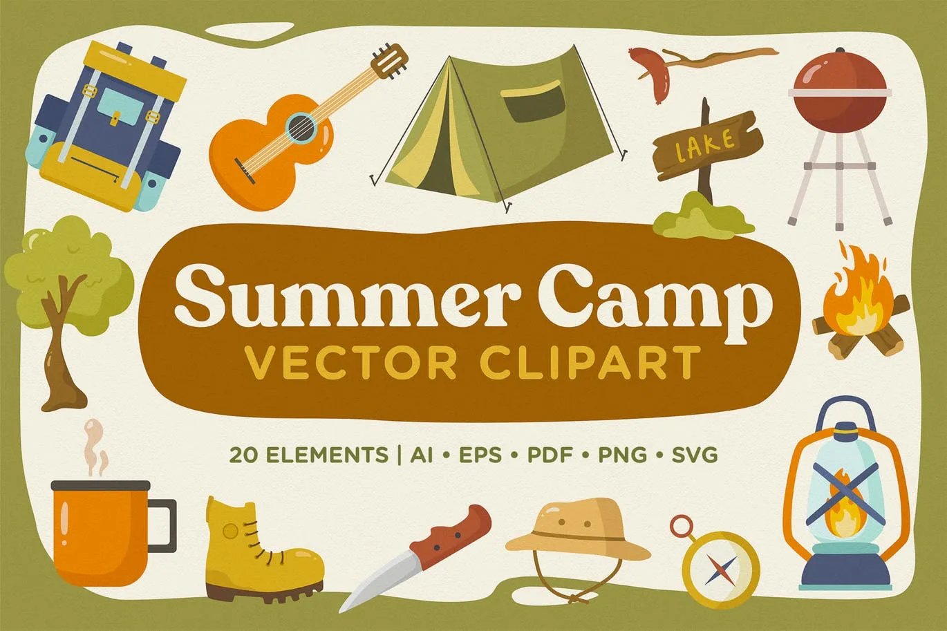 夏日营地主题矢量手绘剪贴画图案素材 Summer Camp Vector Clipart Pack插图