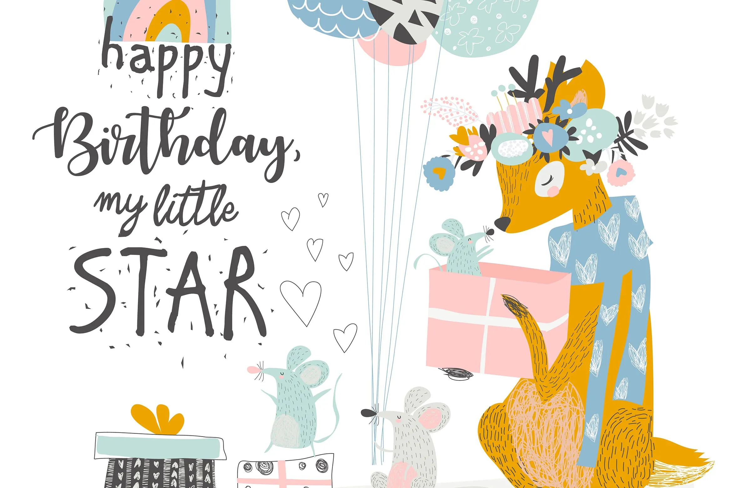 可爱麋鹿amp;老鼠矢量动物手绘插画设计素材 Vector Greeting Birthday card with cute deer and m