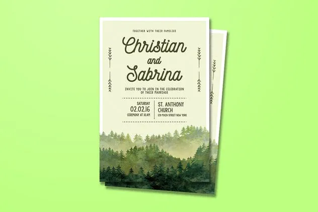 水彩绿色森林主题婚礼邀请函设计模板 Watercolor Forest Wedding Invitation插图(3)