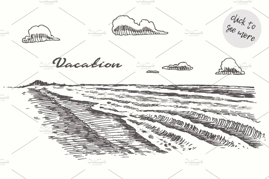 海边日落素描矢量图形 Set of sketches of seaside views插图(1)