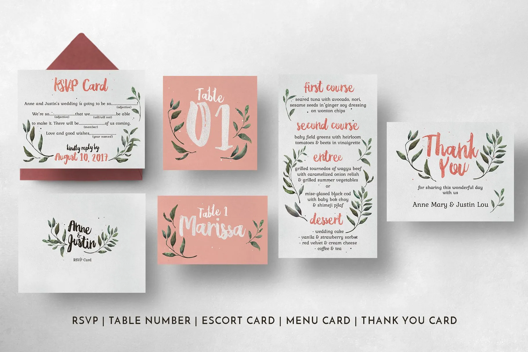 质朴粉色&绿色婚礼设计物料模板 Rustic Pink & Green Wedding Suite插图(5)