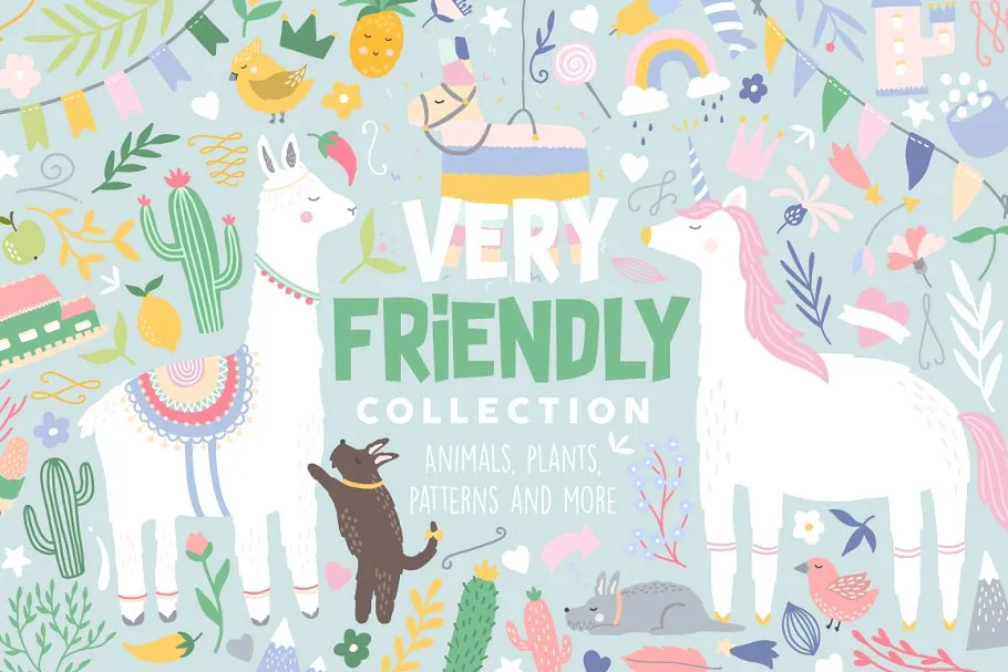 充满爱的手绘动植物剪贴画amp;纹理 Very Friendly Collection Pro