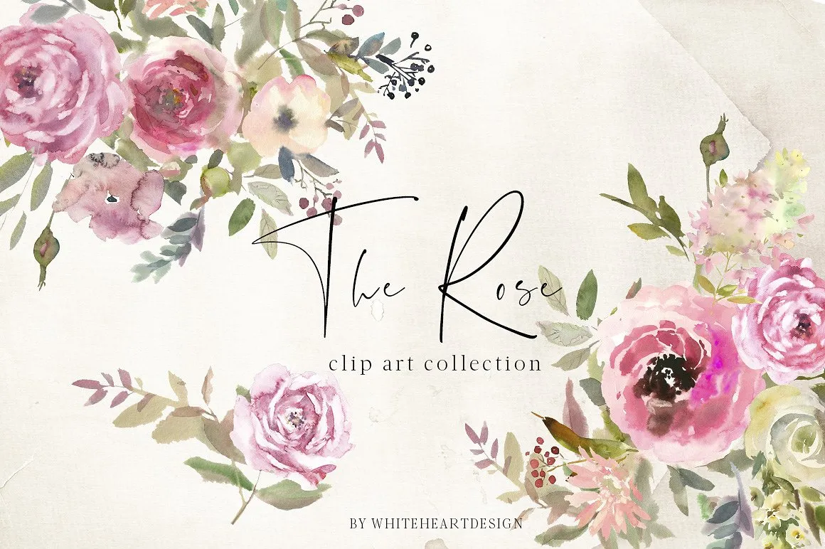水彩玫瑰花花饰剪贴画 The Rose Watercolor Floral Clipart插图