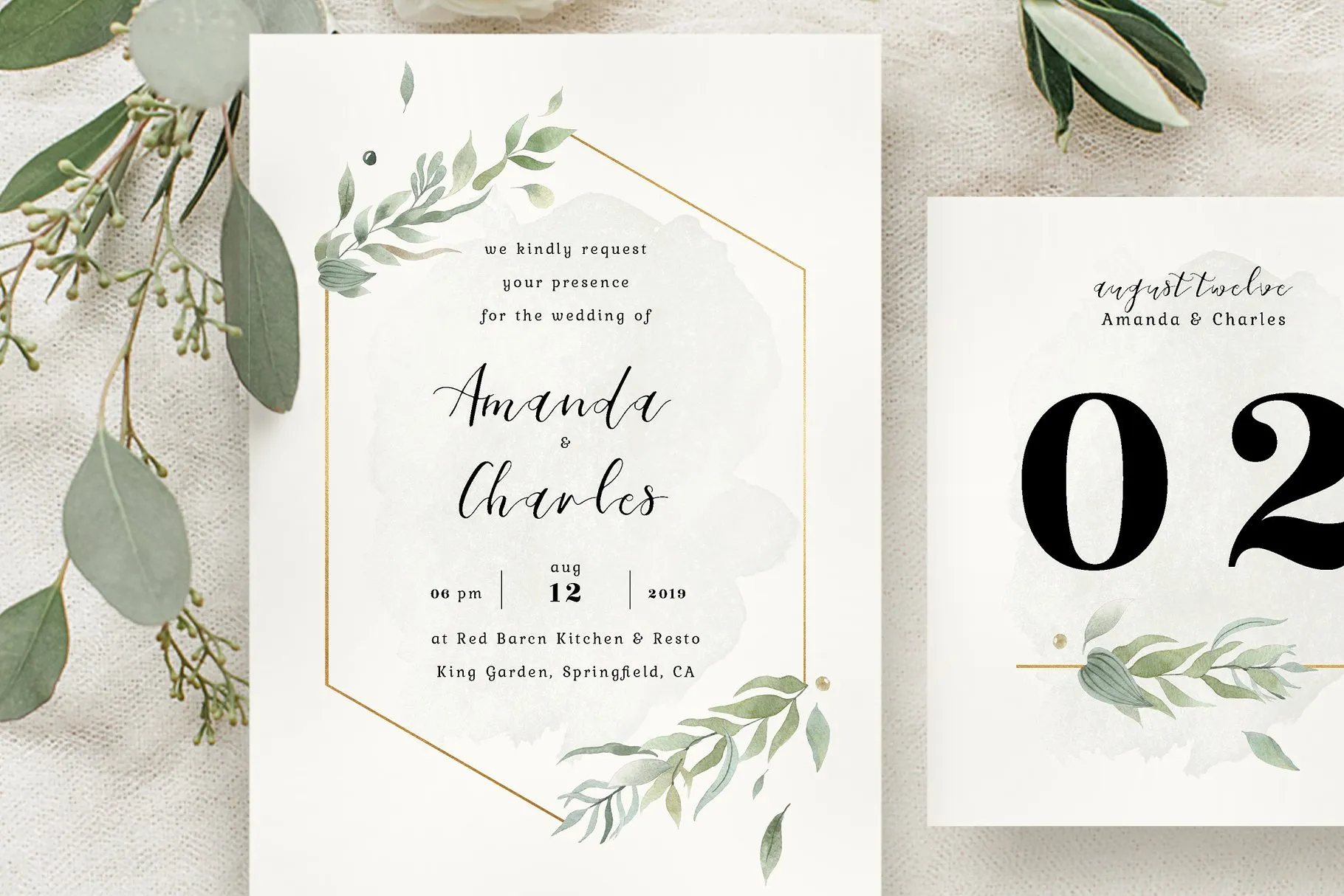 黄金几何线条水彩风婚礼邀请函设计套件 Modern Gold Foliage Wedding Suite插图(3)