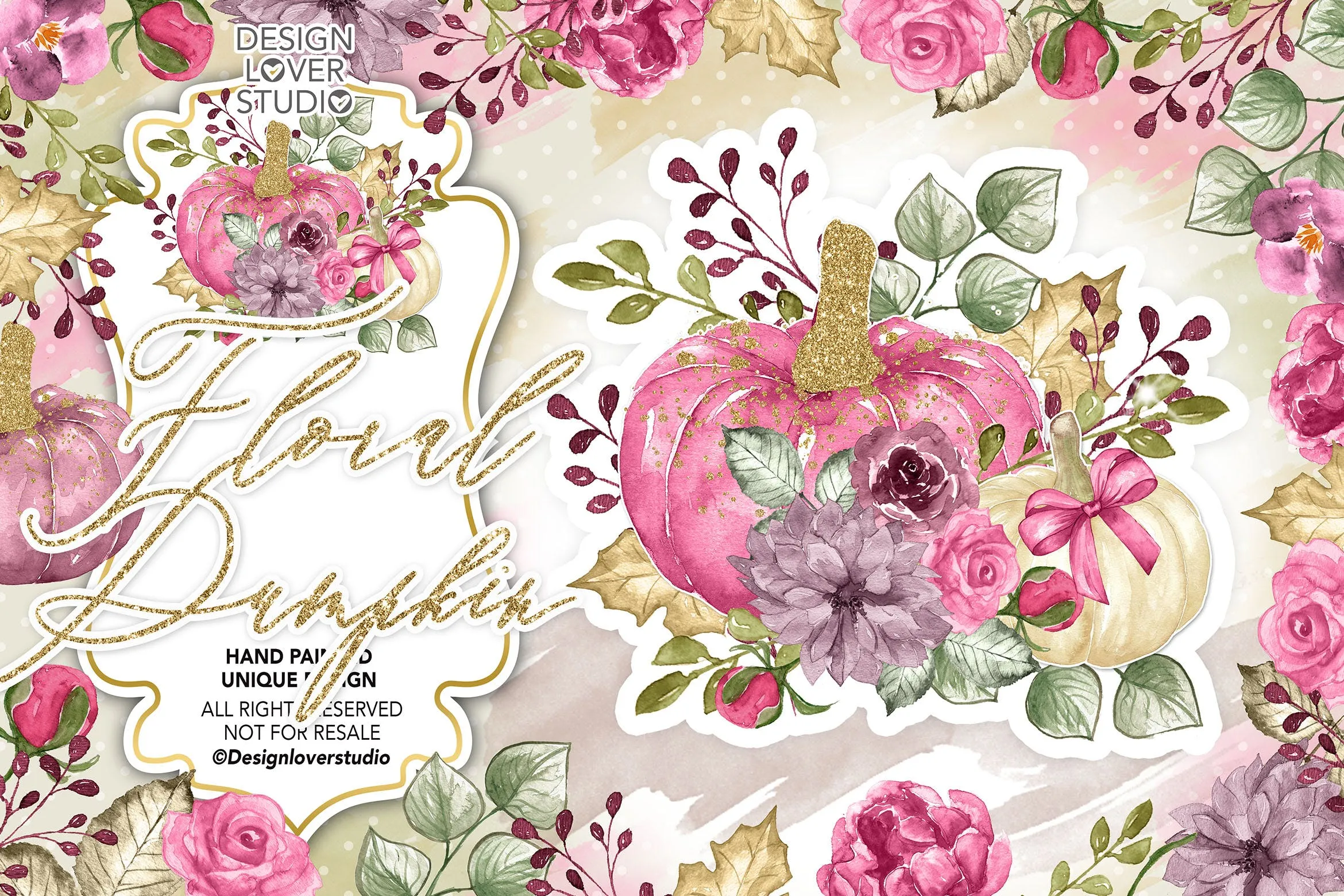 南瓜amp;花卉水彩剪贴画素材 Watercolor#8220;Floral Pumpkin 2#8221; clip arts