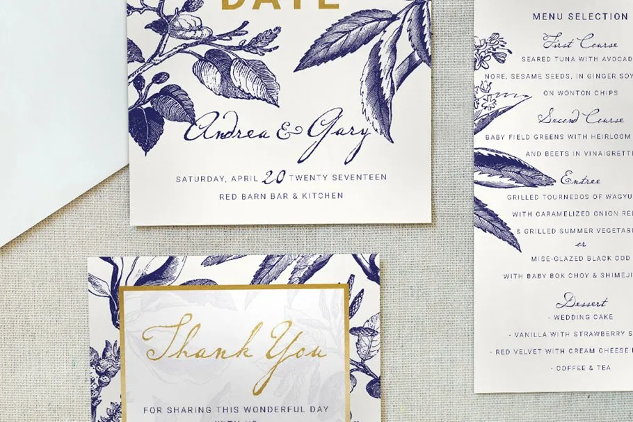 金色&海军蓝手绘图案插画婚礼邀请函设计模板 Gold & Navy Wedding Invitation Suite插图(1)