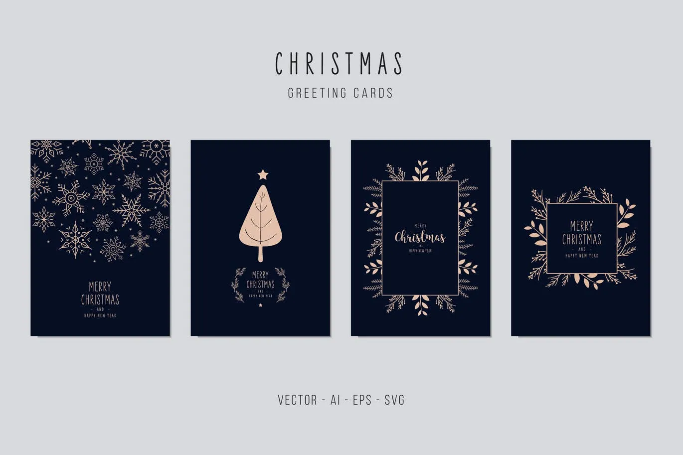 雪花#038;植物手绘图案圣诞节贺卡矢量设计模板集v1 Christmas Greeting Vector Card Set