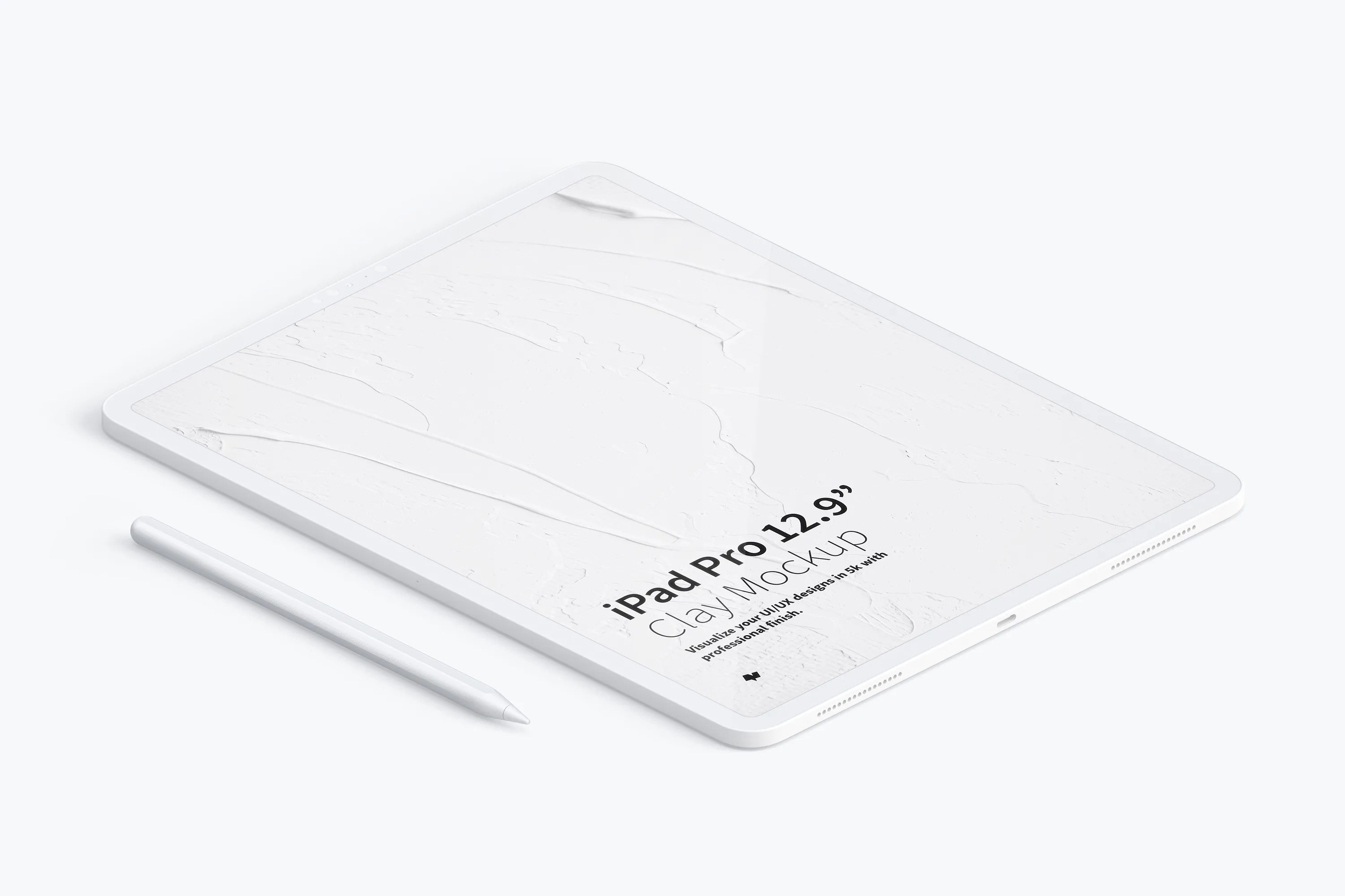 iPad Pro陶瓷黏土材质平板电脑UI界面设计等距左视图样机 Clay iPad Pro 12.9” Mockup, Isometric Left View