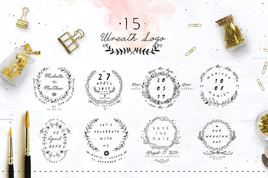 30款预留时间花环徽章Logo模板 30 Save the Date Wreath Logo插图(1)