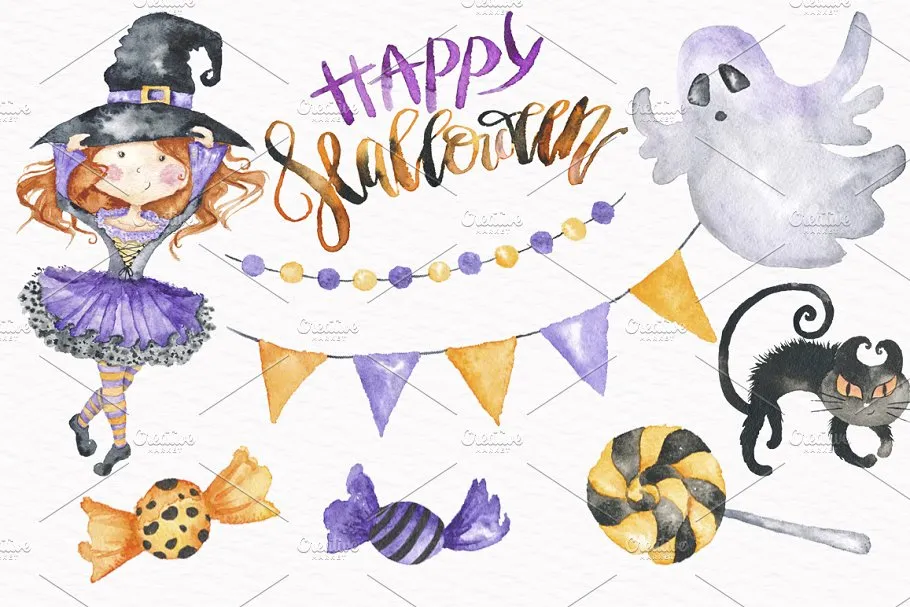 手绘水彩万圣节聚会剪贴画 Halloween Party Watercolor Clipart插图(1)