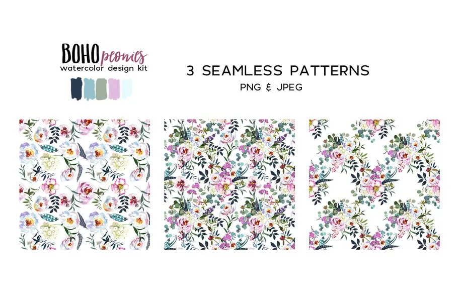 波西米亚风白色&粉色牡丹水彩剪贴画 Boho White Pink Peonies Watercolor插图(7)