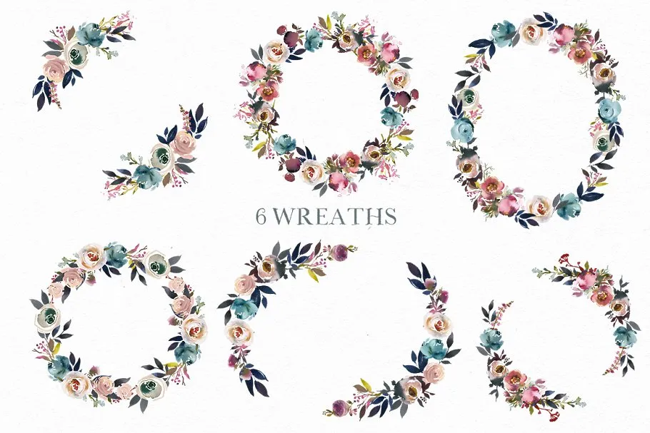 暗蓝色&薄雾玫瑰波希米亚式水彩花卉 Dusk Blue & Misty Rose Boho Flowers插图(3)