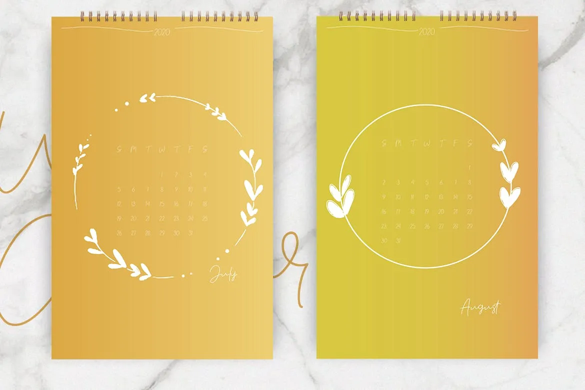 2020年简约植物手绘图案日历表设计模板 Wall Calendar 2020 Layout插图(5)