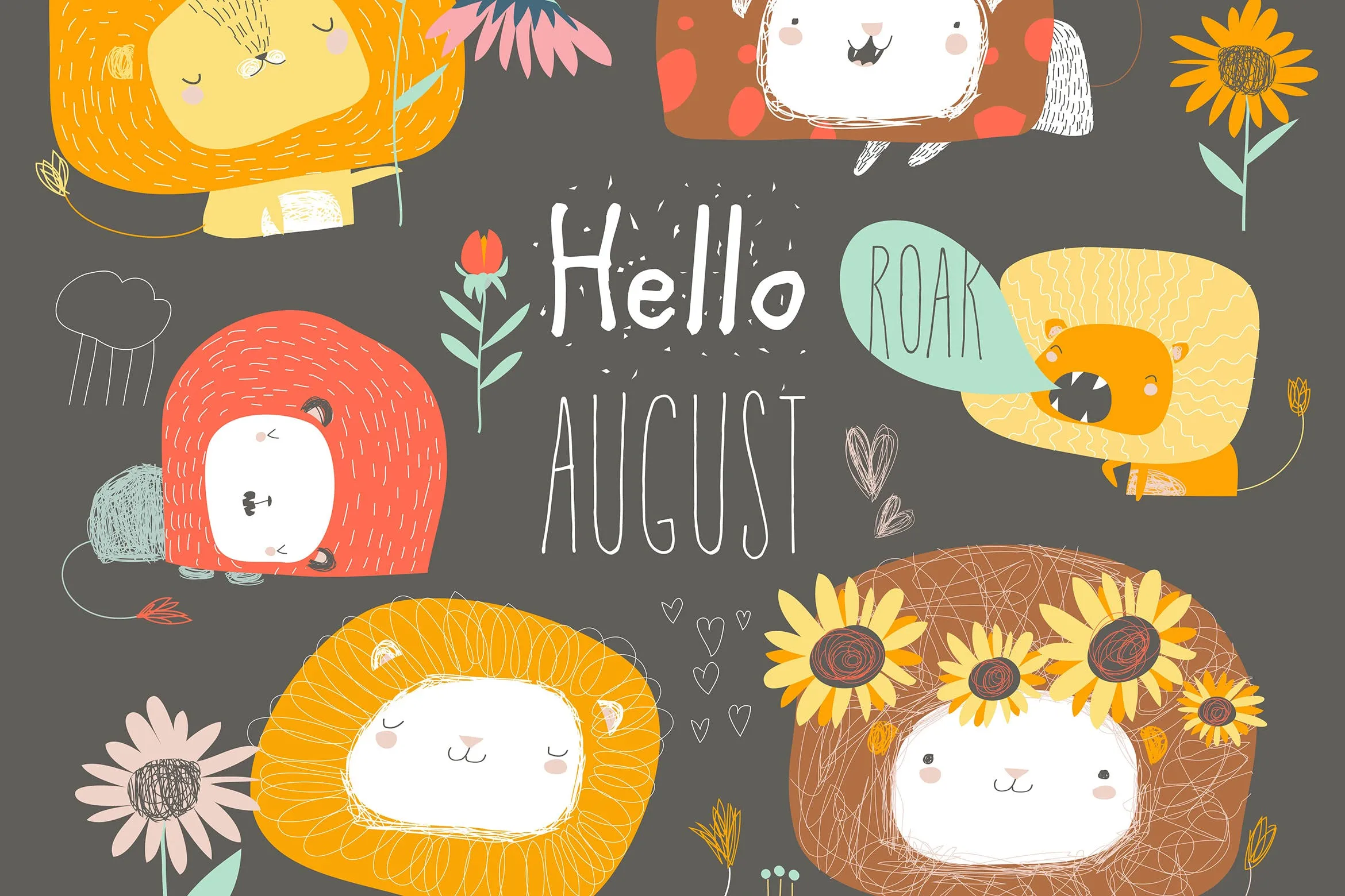 可爱卡通狮子/花手绘矢量插画素材 Vector set of cute lions and flowers. Hello august
