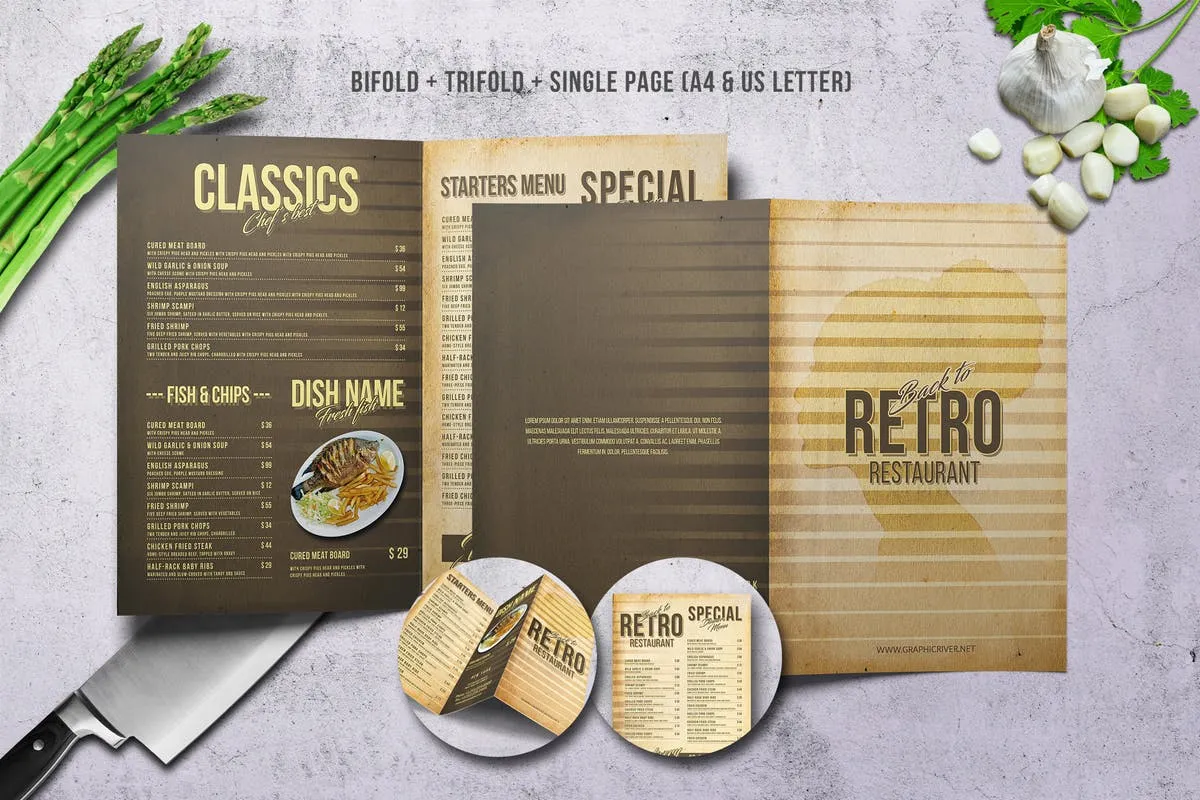 80年代复古西餐菜单PSD模板 80s Retro Menu Bundle US Letteramp; A4