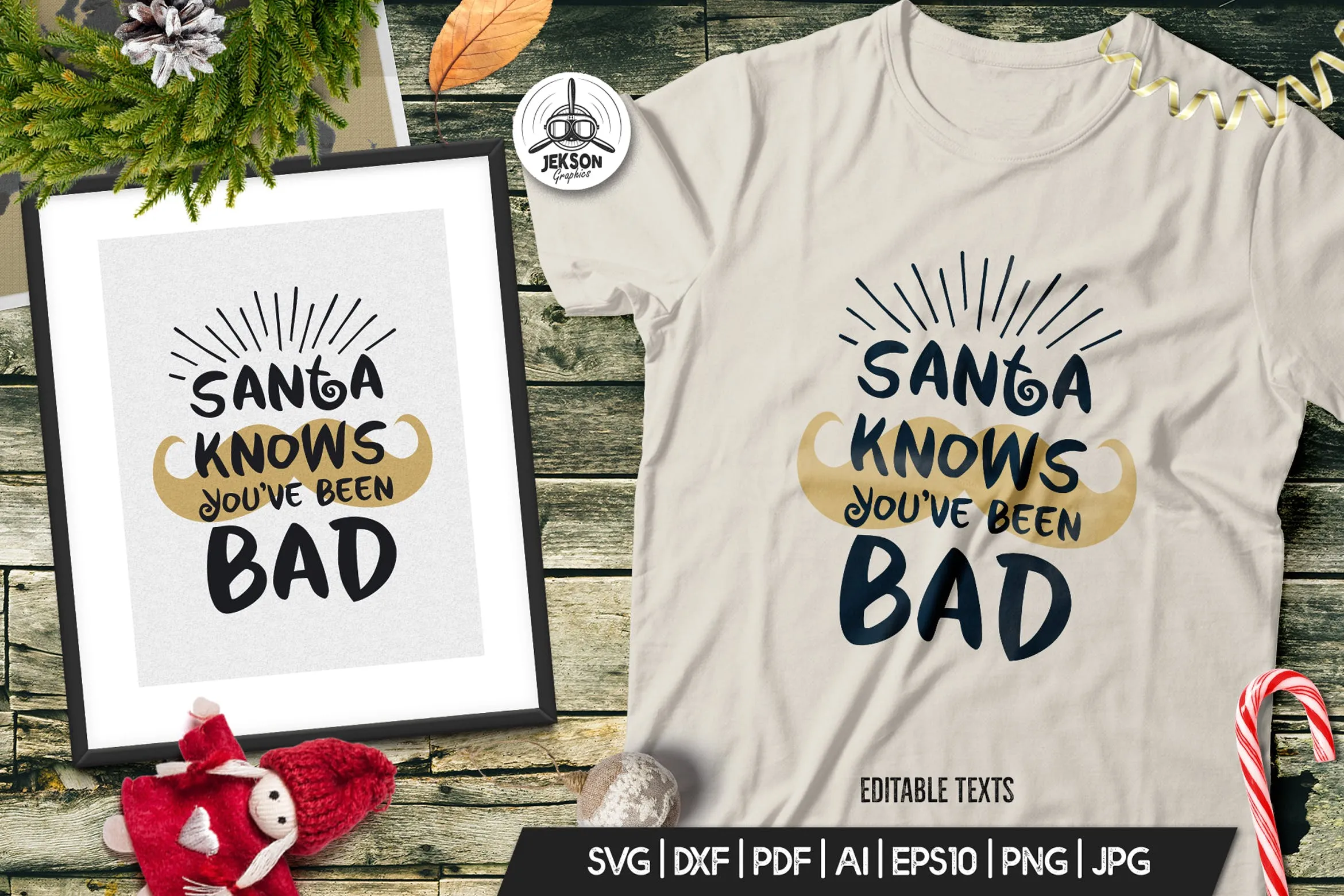 圣诞节主题T恤文字印花图案设计模板 Funny Christmas T-Shirt. Vector Print, Santa Quote插图