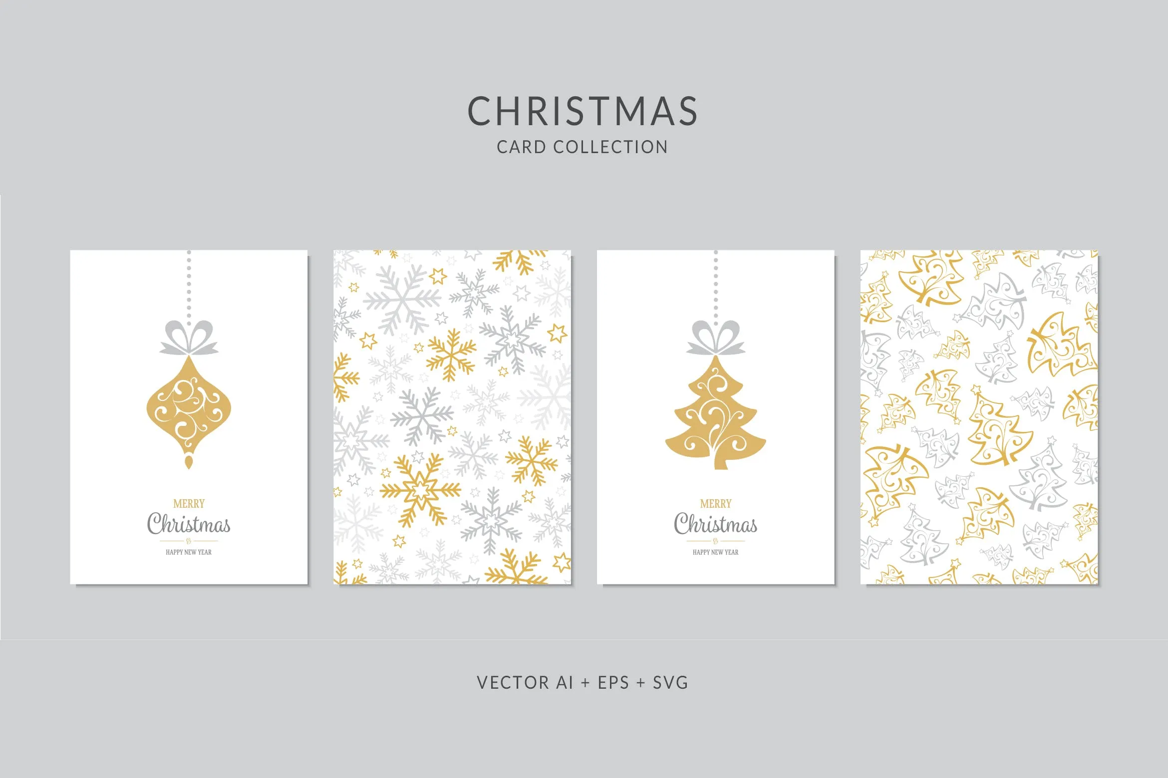 圣诞树/雪花/圣诞装饰元素圣诞节贺卡矢量设计模板 Christmas Greeting Card Vector Set插图