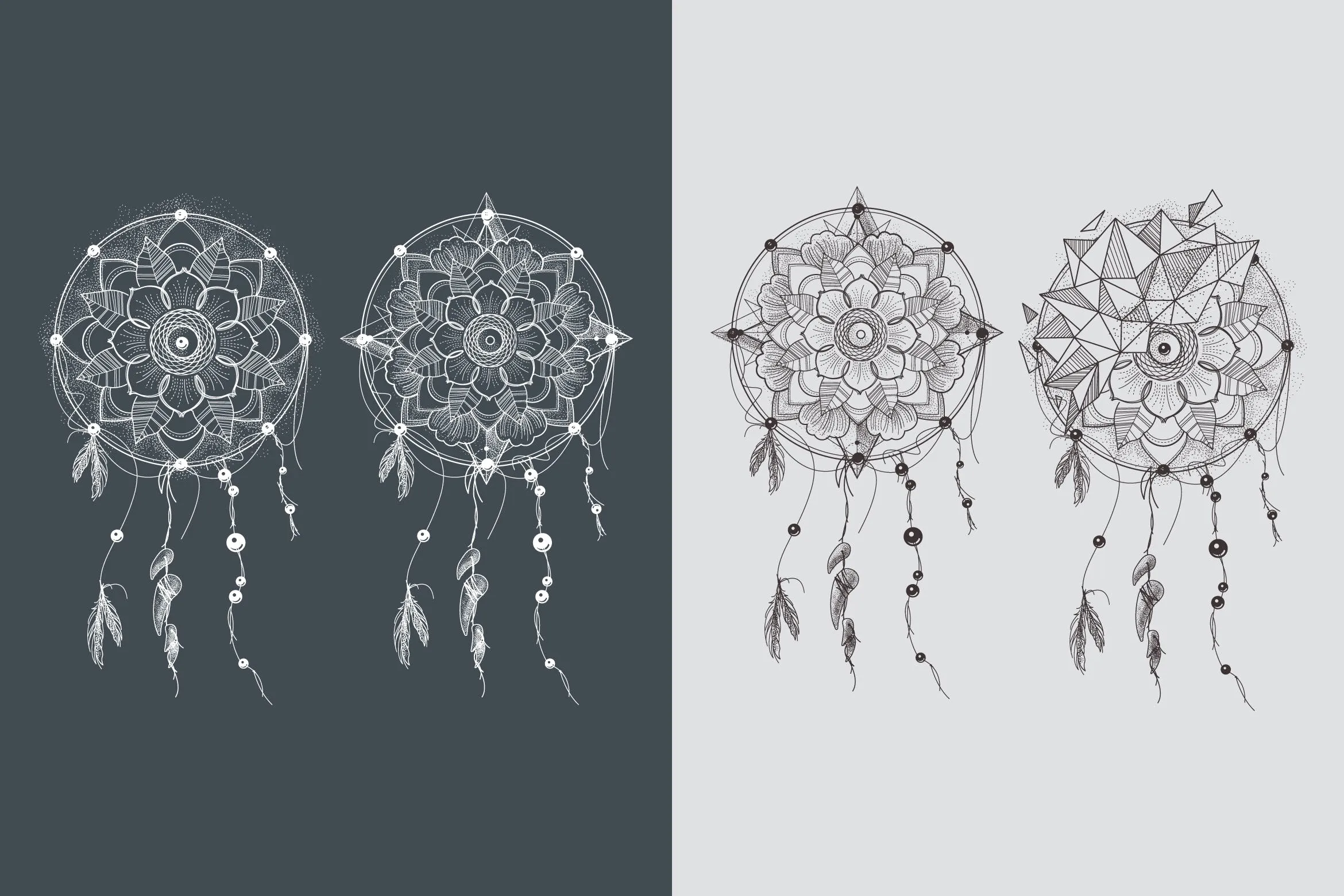 曼陀罗花装饰矢量图案素材 Dream Catcher. Ornament Round Mandalas Tattoo. Geo