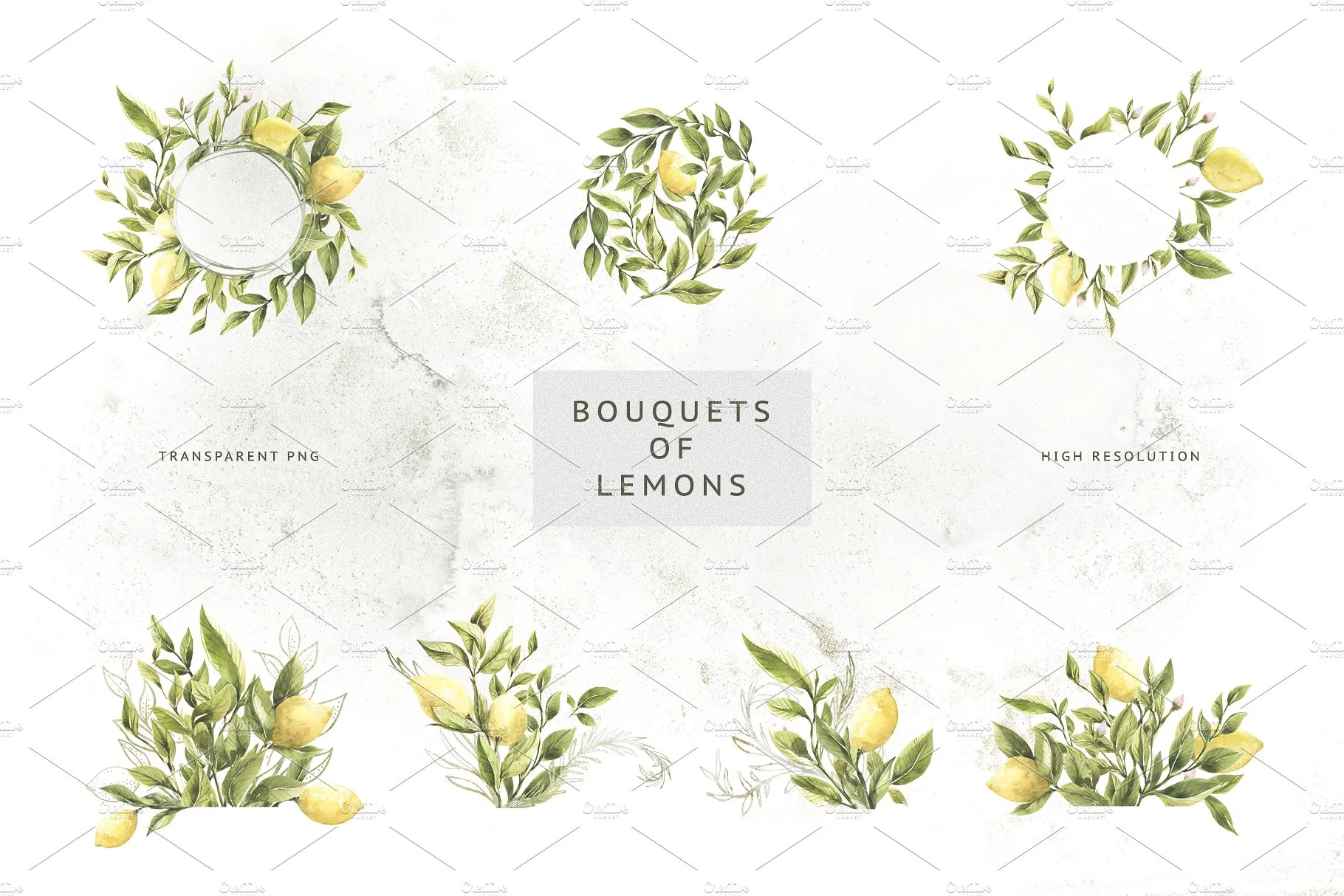 柠檬&绿色枝叶水彩插画 Lemons & Greens插图(3)