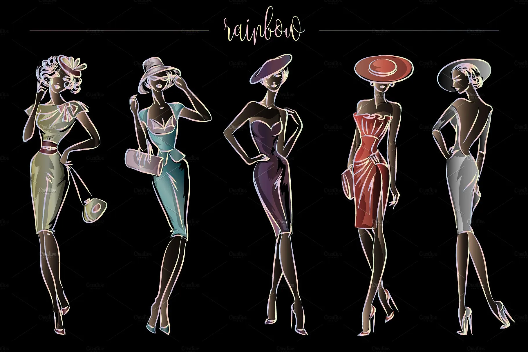 典雅时尚的时装模特手绘矢量素材合辑下载[ai,eps,png]插图(7)