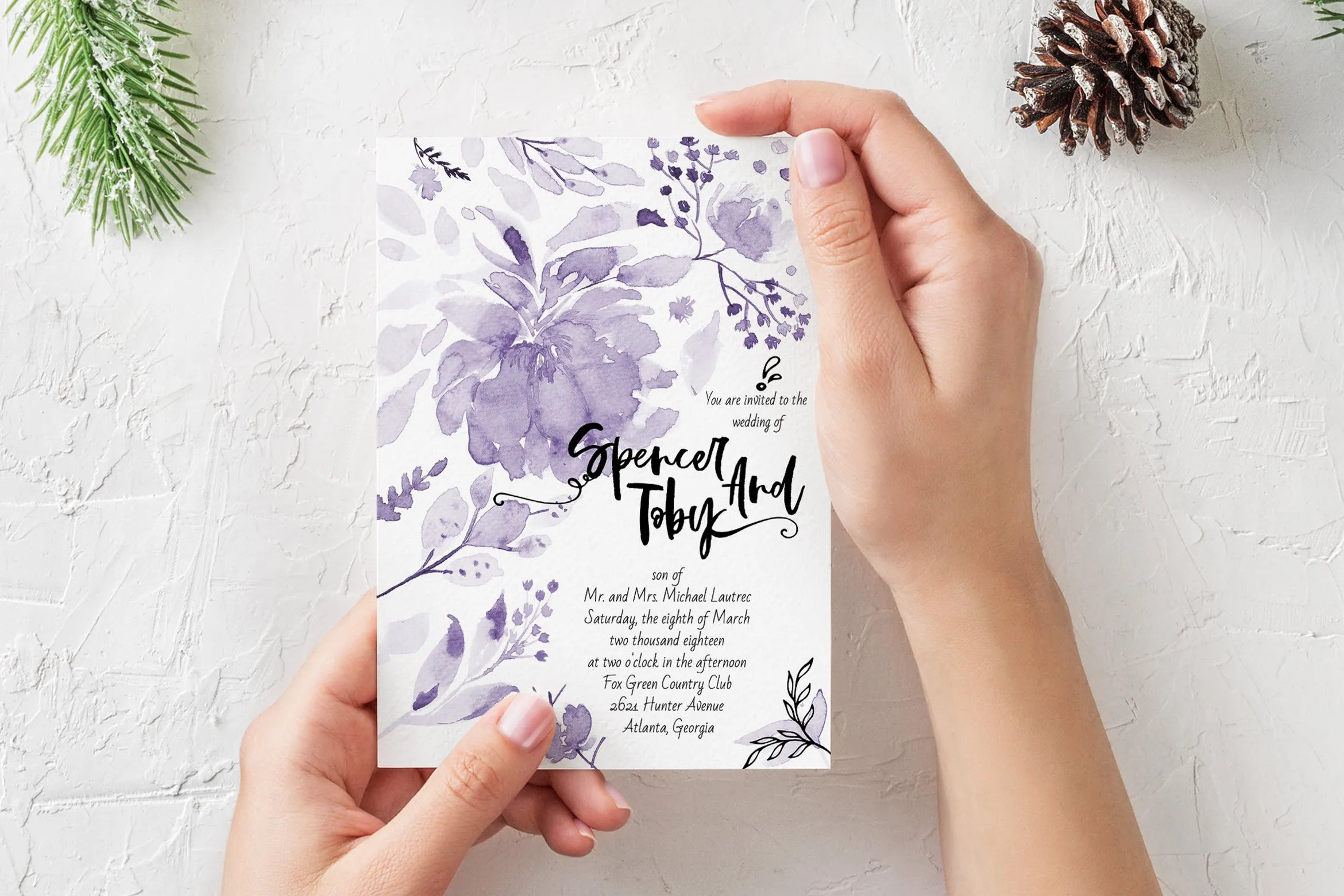 紫色水彩手绘婚礼婚宴请柬电子版设计模板 Purple handprinted Wedding Invitation Card插图
