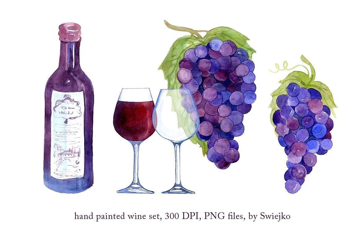 水彩葡萄amp;葡萄酒矢量剪贴画 Watercolor Wine, Grapes
