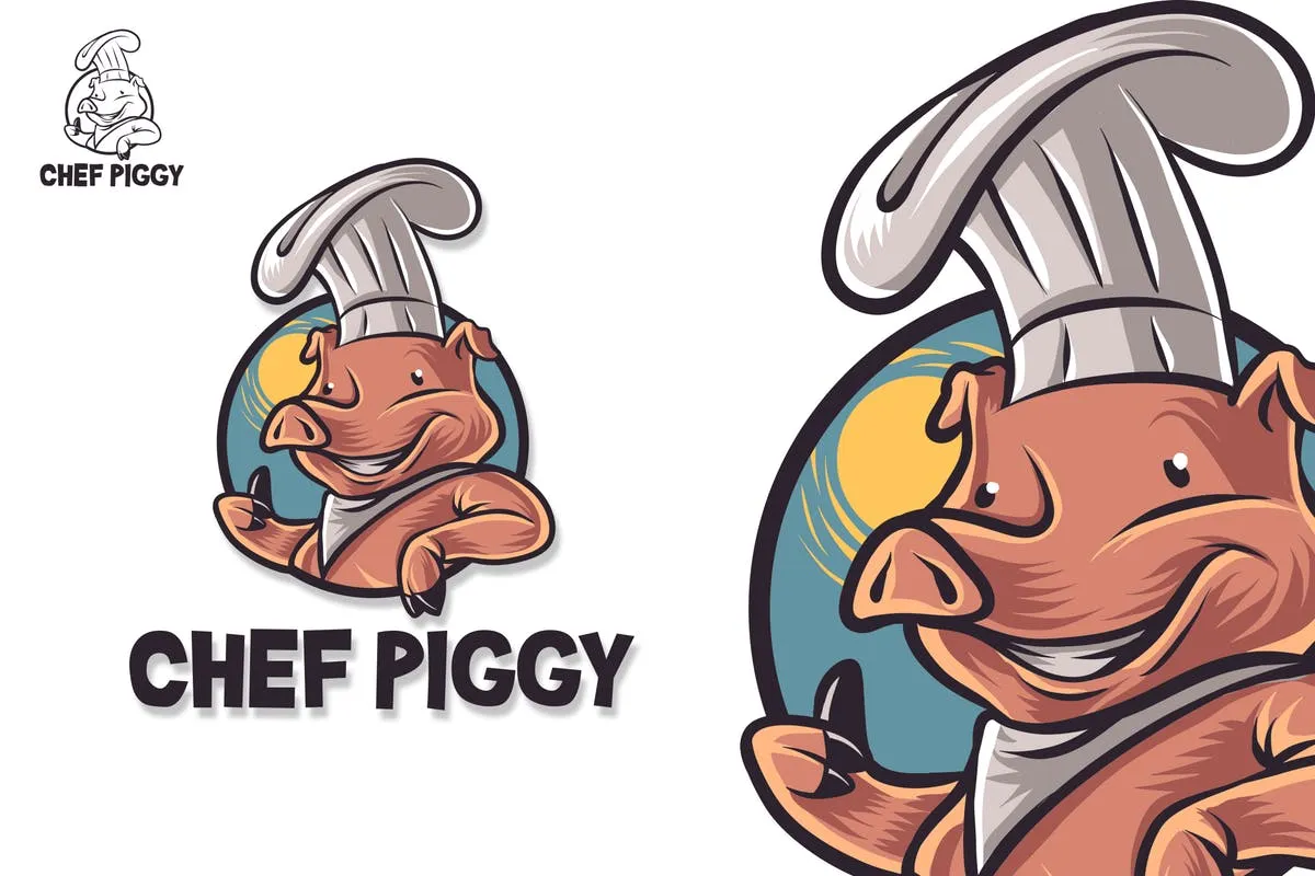 猪厨师卡通形象餐厅Logo设计模板 Chef Pig Mascot Logo