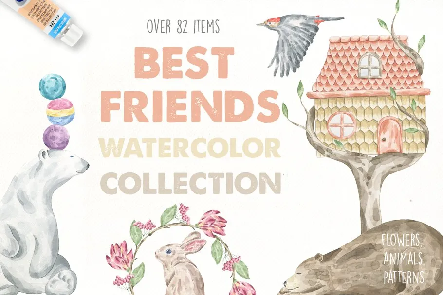 婴儿儿童主题水彩插画素材 Best Friends Watercolor Set Pro插图