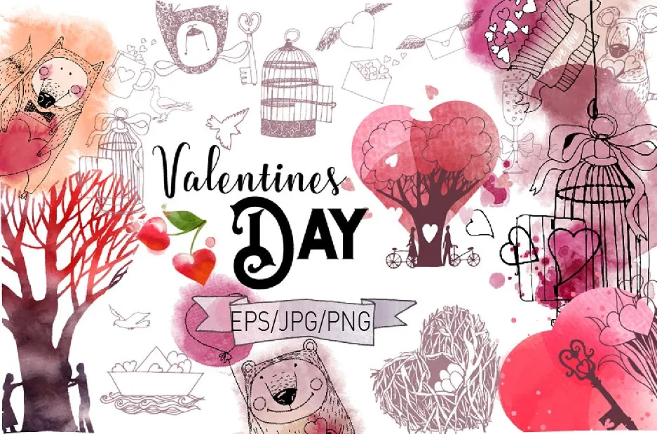 浪漫手绘爱情情人节插画元素大集合插图(4)