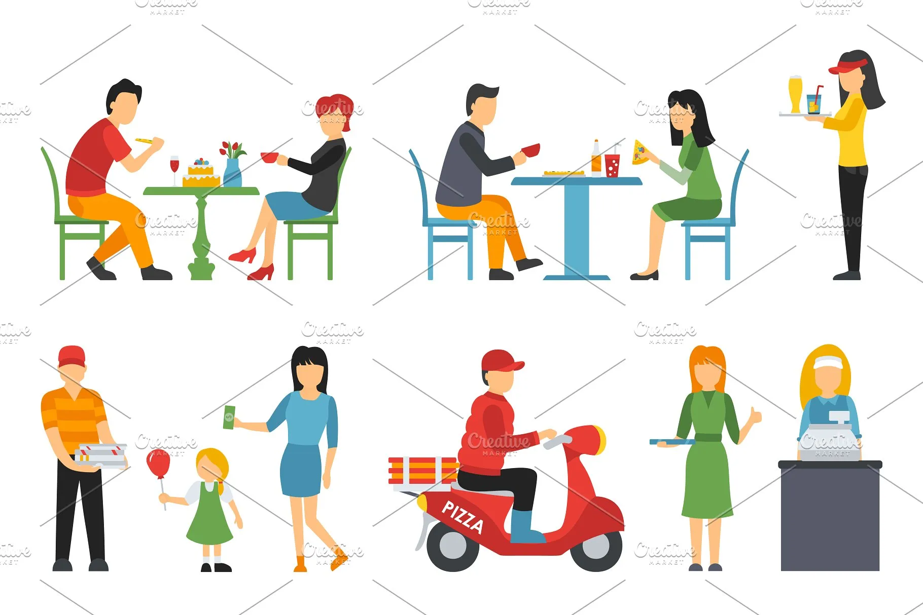 各式职业人员吃披萨形象扁平化设计矢量插画 Pizzeria – flat people set插图(2)
