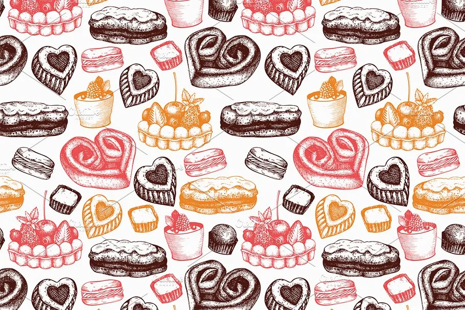 情人节主题配色食品和饮料手绘插画 Food & Drinks for Valentine’s Day插图(6)