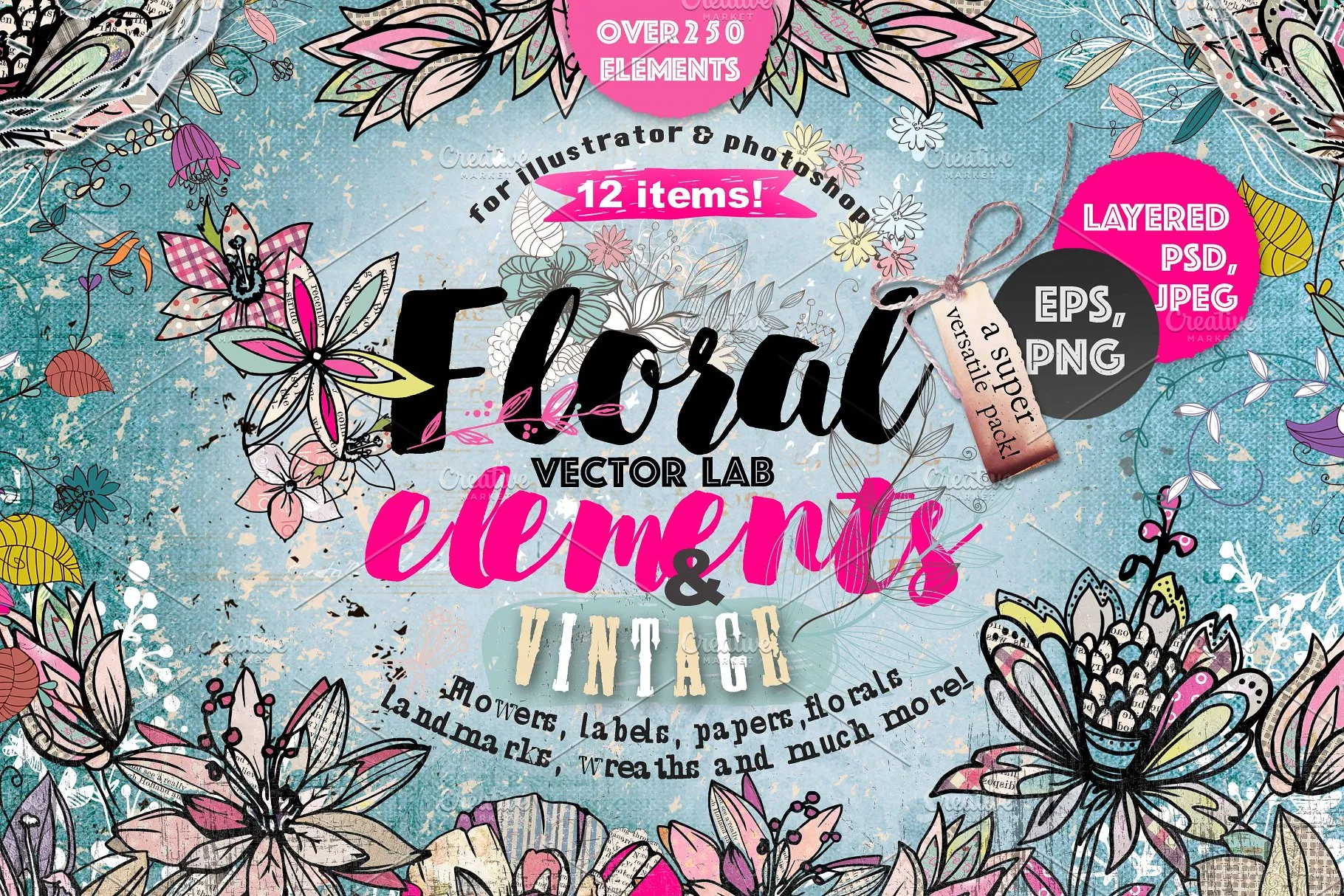 极力推荐：超级矢量花卉像素设计 VECTOR LABquot;FLORAlamp;VINTAGEquot;