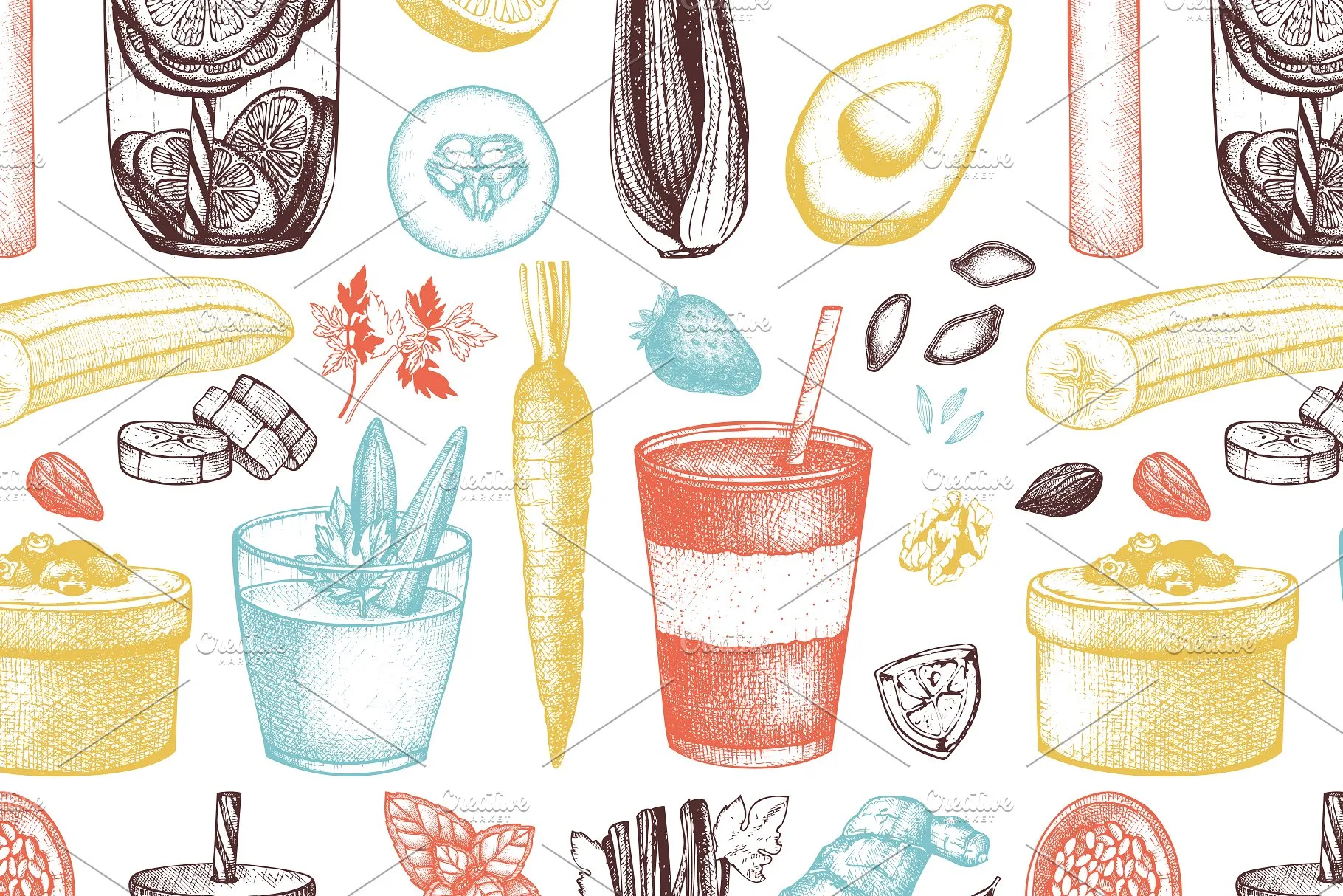 复古风格健康食品及饮料成分插画 Vegetarian Food Ingredients Set插图(8)