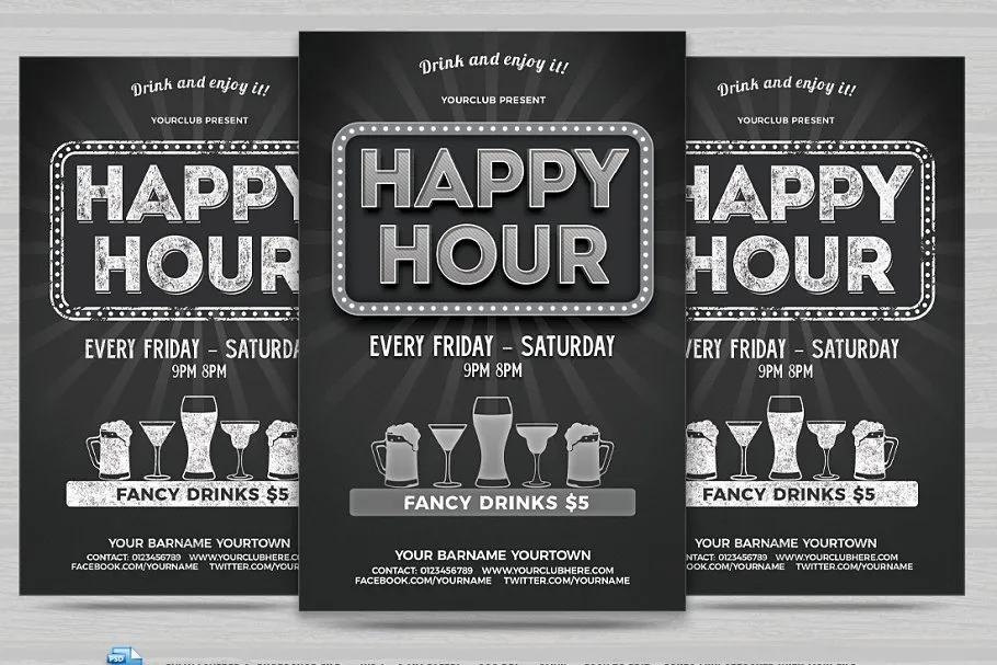 酒吧清吧冷饮店活动海报PSD模板 Happy Hour Flyer