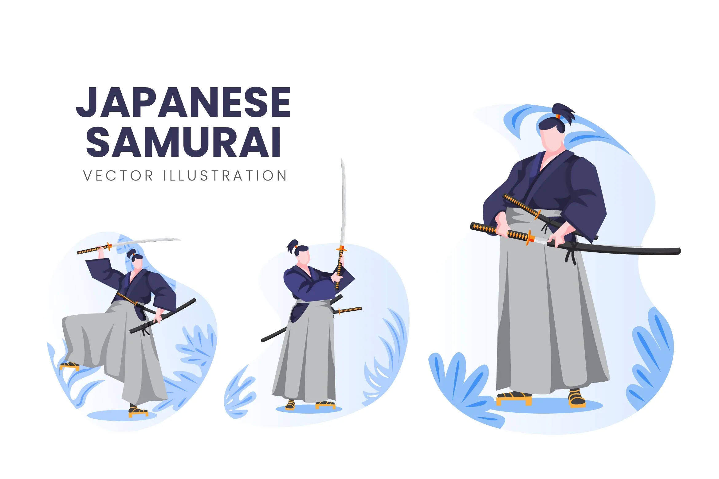日本武士人物形象像素设计精选手绘插画矢量素材 Japanese Samurai Vector Character Set