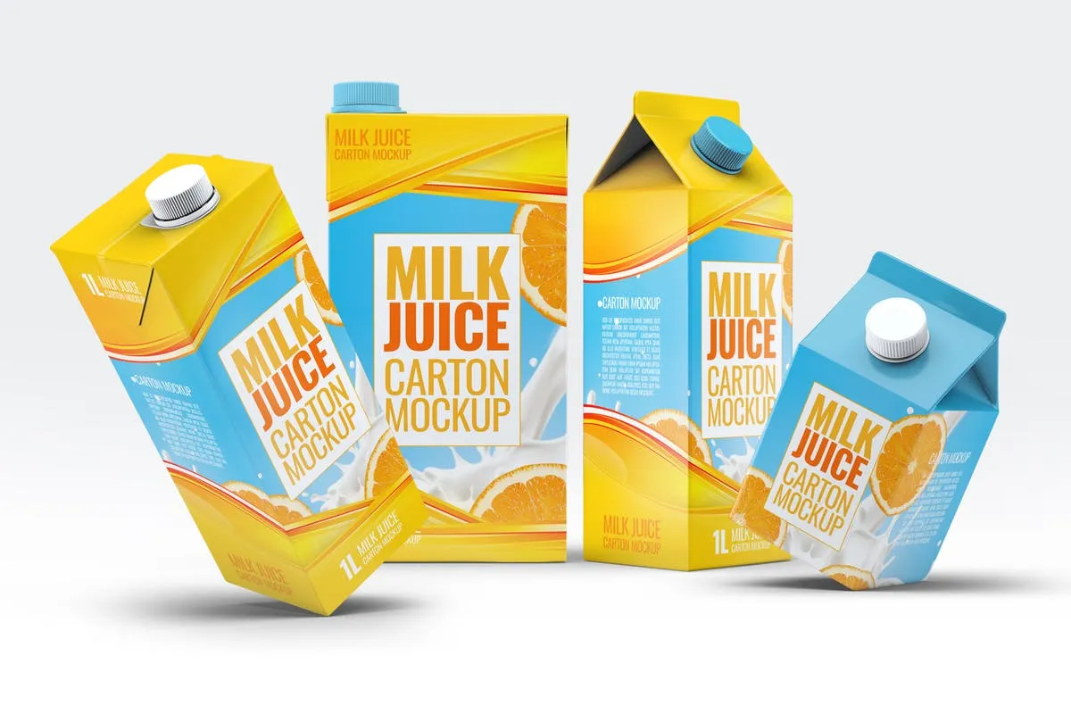 4种牛奶/果汁盒包装设计样机套装 4 Types Milk / Juice Cartons Bundle Mock-Up