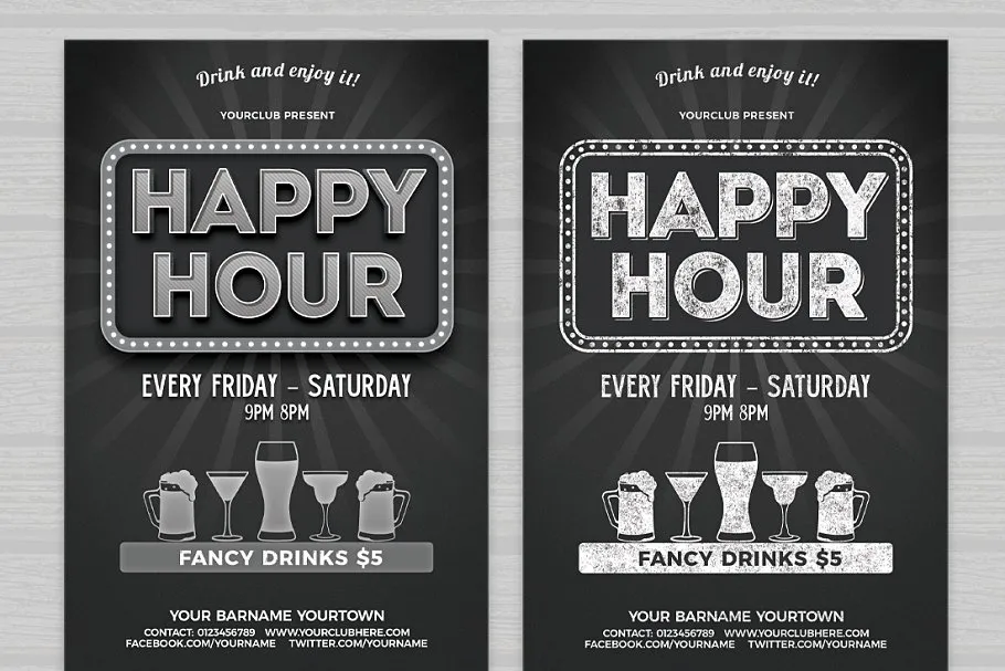 酒吧清吧冷饮店活动海报PSD模板 Happy Hour Flyer插图(1)