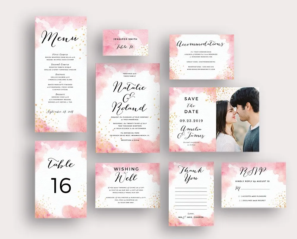 桃红色水彩婚礼邀请物料设计套装 Peach Watercolor Gold Splashes
