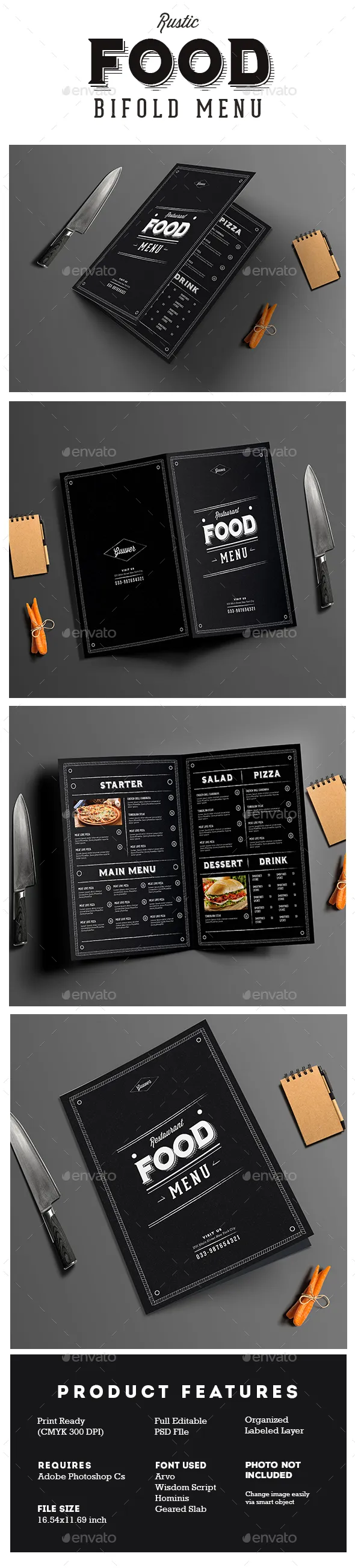 黑色系列的餐厅菜单设计模板下载 Rustic Bifold Restaurant Menu [PSD]