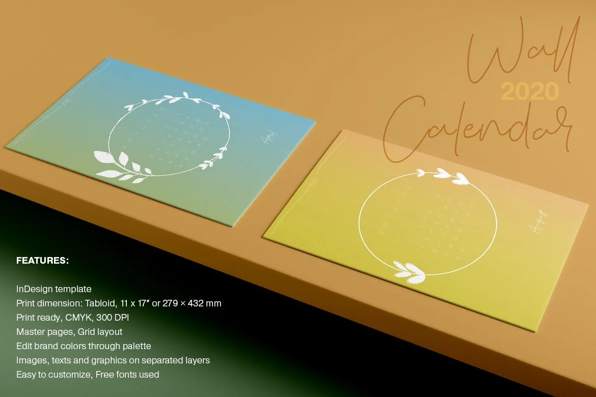 2020年简约植物手绘图案日历表设计模板 Wall Calendar 2020 Layout