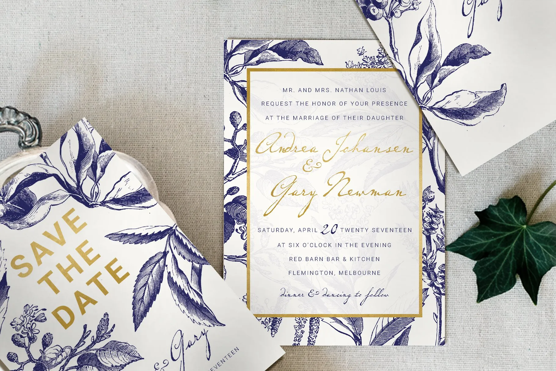 金色&海军蓝手绘图案插画婚礼邀请函设计模板 Gold & Navy Wedding Invitation Suite插图