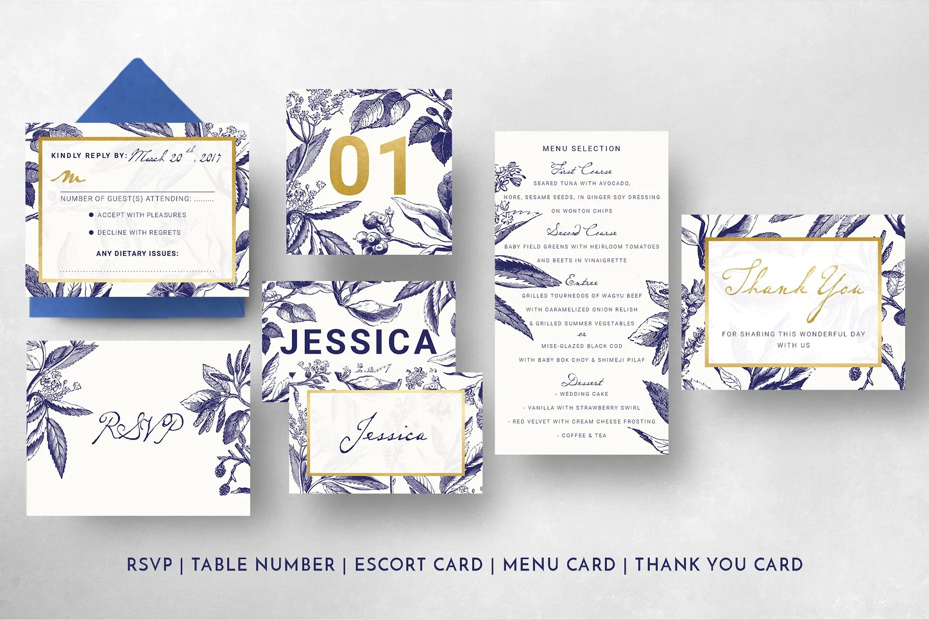 金色&海军蓝手绘图案插画婚礼邀请函设计模板 Gold & Navy Wedding Invitation Suite插图(6)