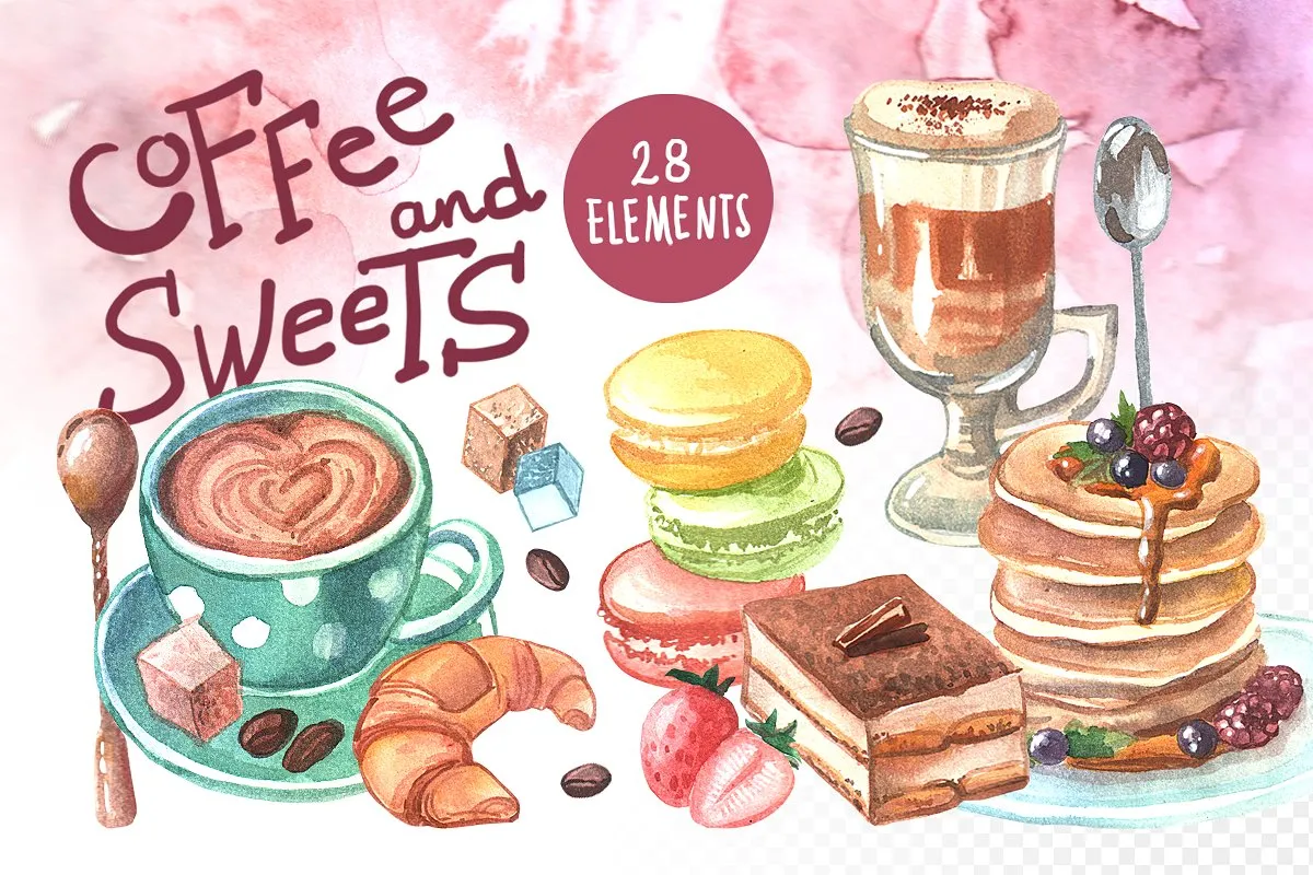 高质量的手绘水彩画咖啡amp;甜品图集下载[psd,png,jpg]