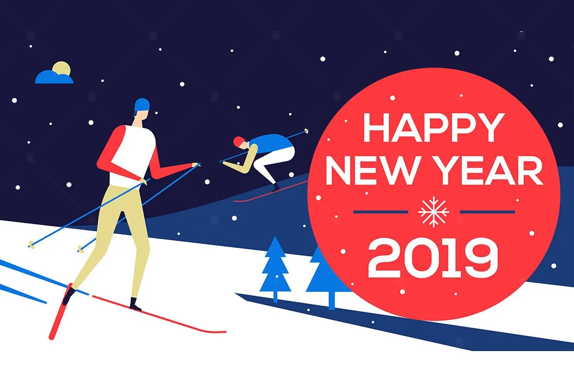 滑雪场景新年主题扁平化设计风格矢量插画 Happy new year 2019#8211; flat design illustration
