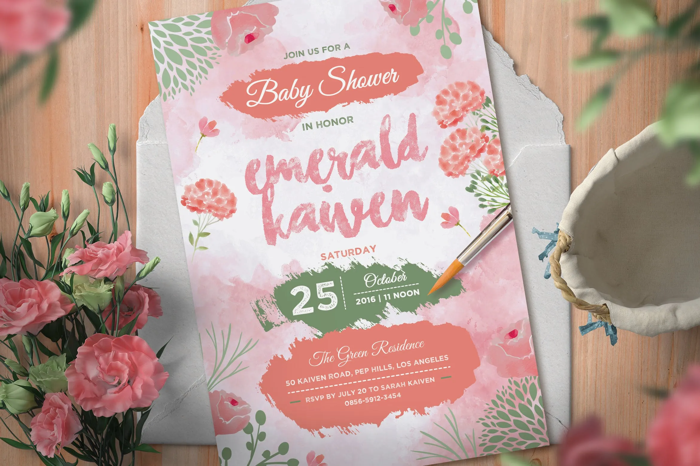 粉色婴儿满月酒邀请函像素设计精选模板 Pink Baby Shower Invitation