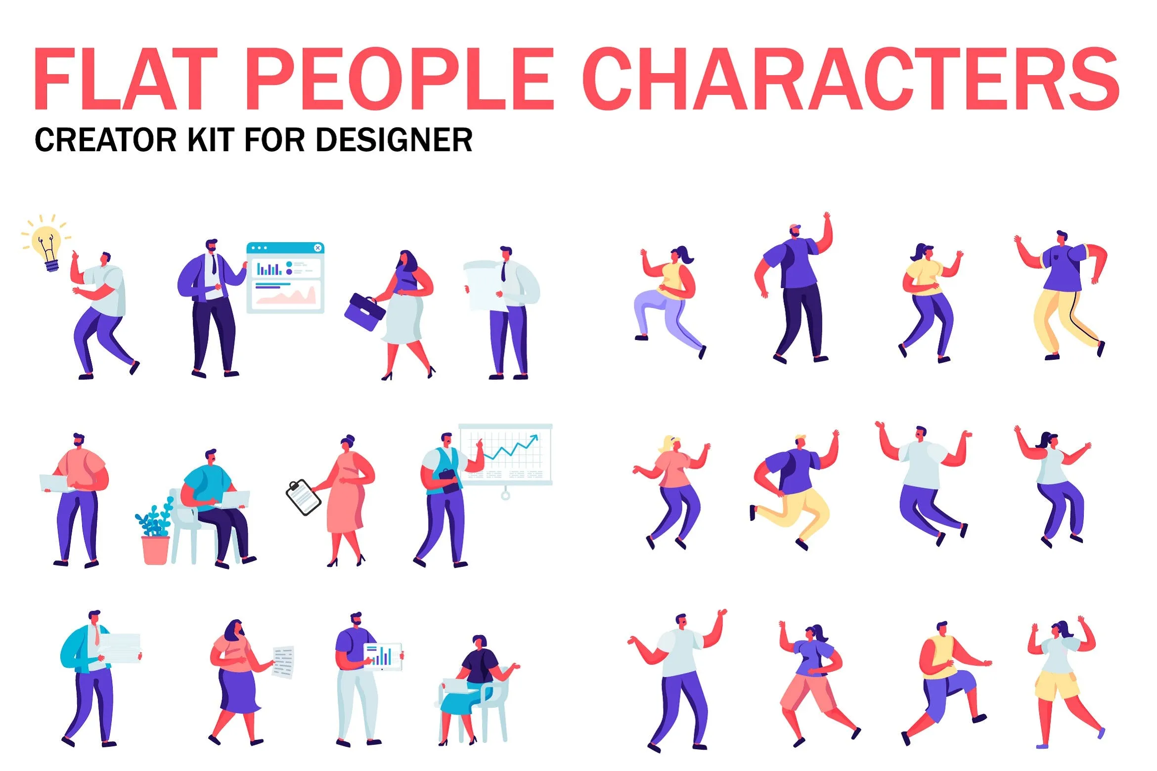 扁平化设计风格虚拟人物角色图形设计工具包v1 Flat People Character Creator Kit