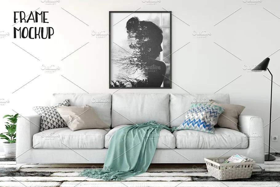 客厅场景画框相框样机 Scandi Interior Frame Mockup#8211; 13