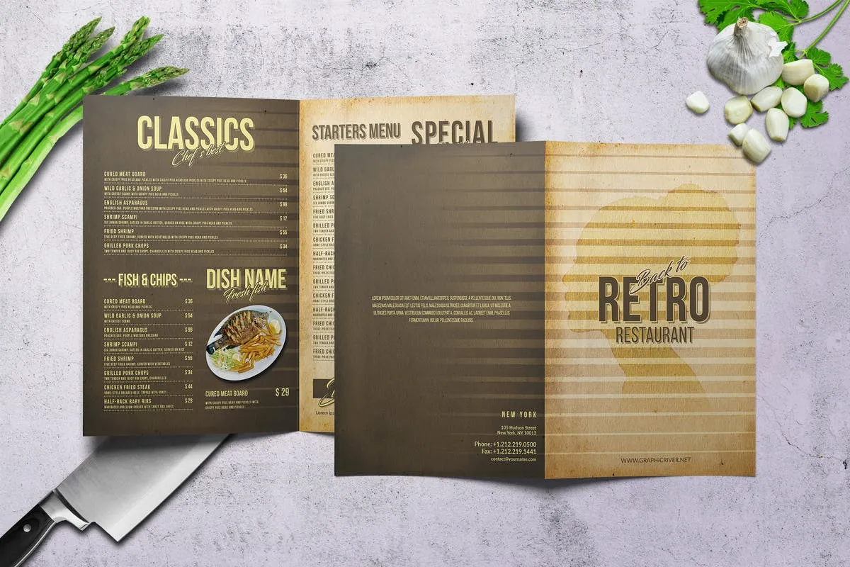 80年代复古设计风格双折页菜单PSD模板 80#8217;s Retro Bifold A4amp; US Letter Menu