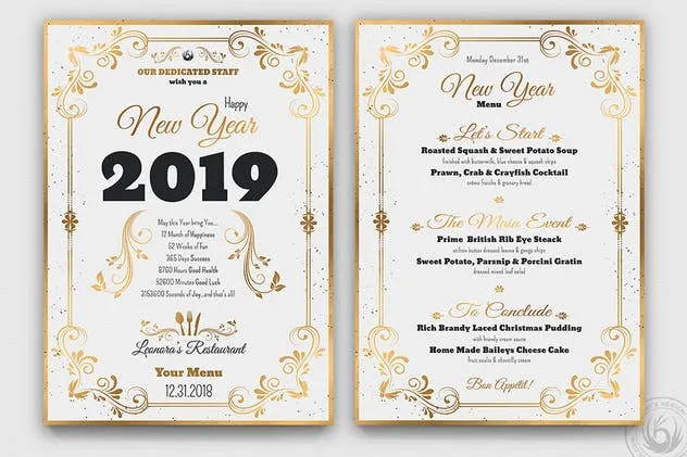 高级餐厅豪华金边框新年聚餐菜单PSD模板V1 New Year Menu Template V1插图(3)